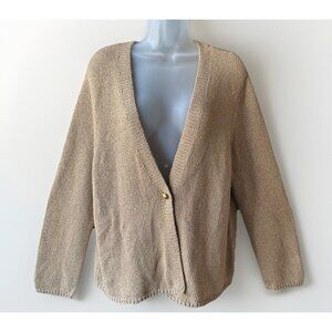 J. Jill Gold Metallic Knit One Button Cardigan Sweater Womens Size Large Festive